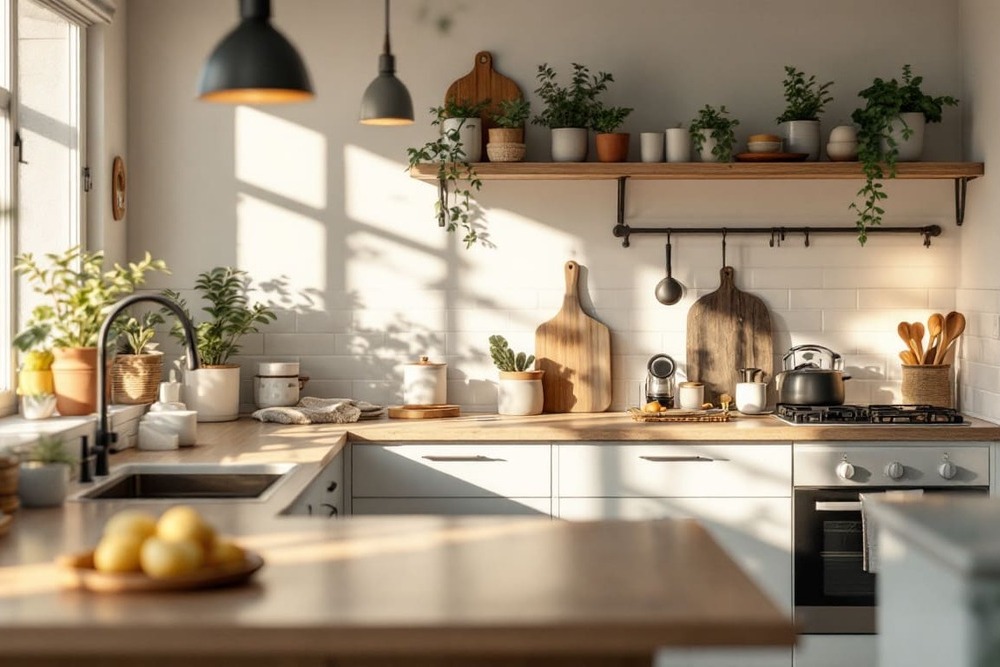 cocina rustica con estantes de madera y accesorios decorativos
