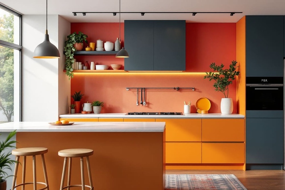 cocina colorida isla naranja madera