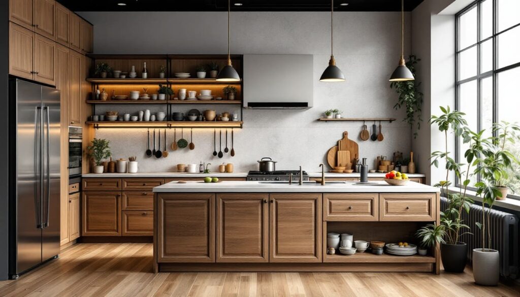 cocina moderna con muebles de madera estanterias y campana extractora
