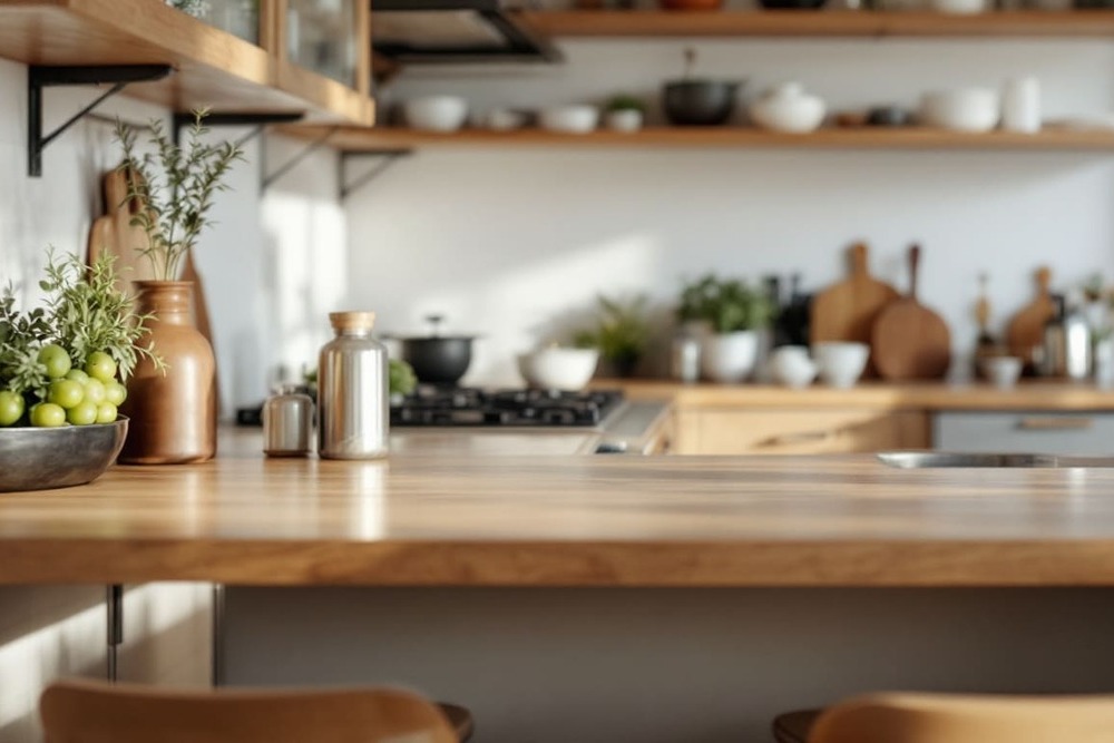 encimera de cocina de madera con estantes y decoracion nordica