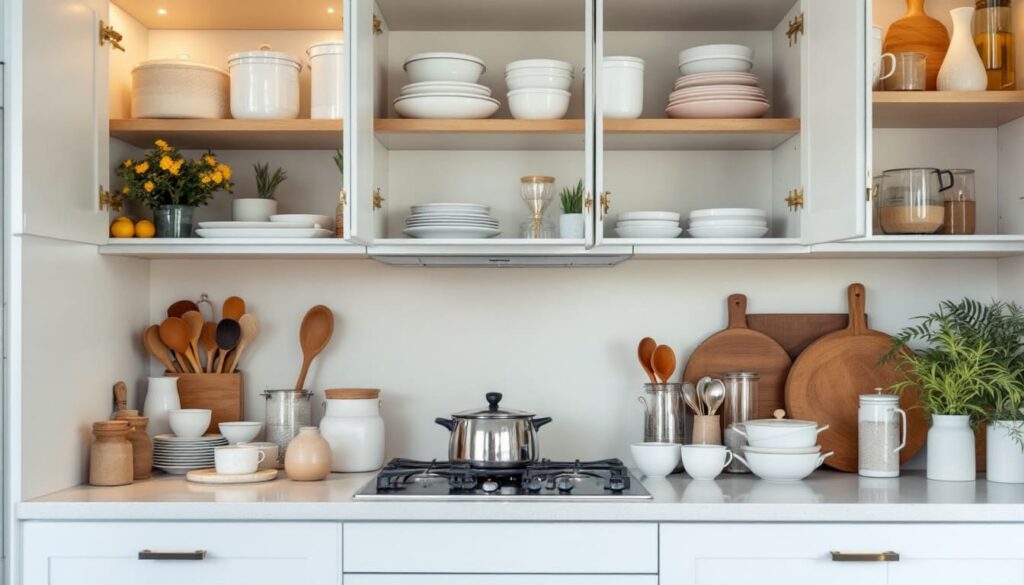 cocina blanca con armarios abiertos utensilios de cocina ceramica y decoracion natural en ambiente luminoso