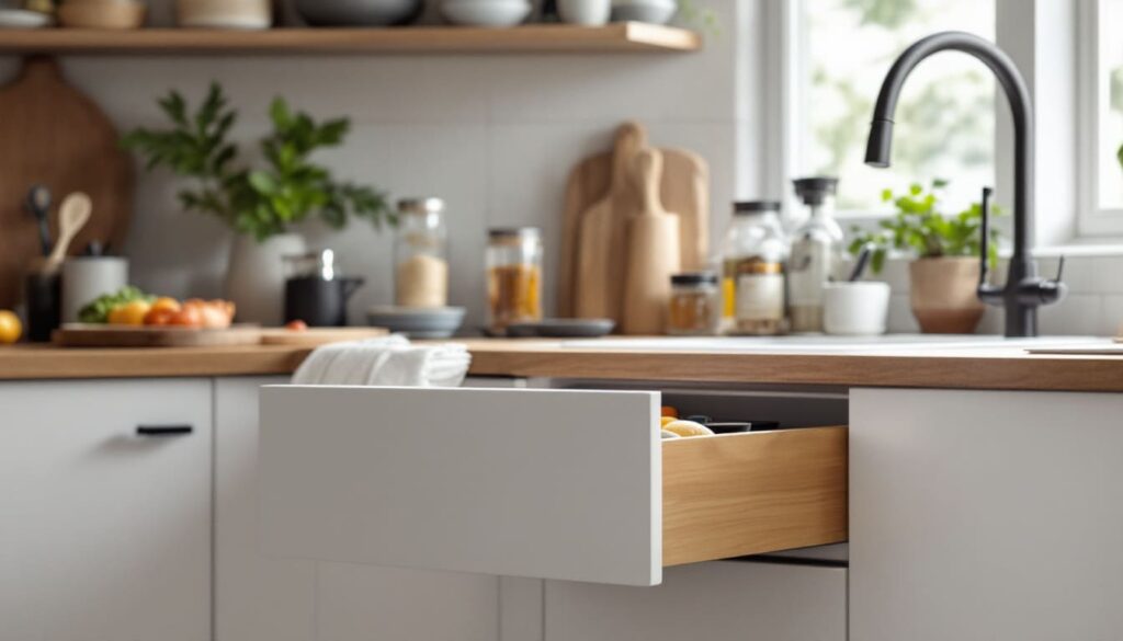 detalle de cajon de cocina blanca con utensilios y objetos decorativos en ambiente moderno y acogedor