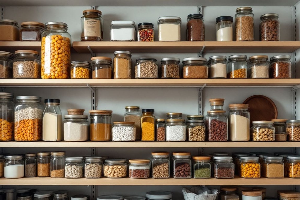 estanterias de despensa con botes de cristal y conservas organizadas en cocina rustica moderna