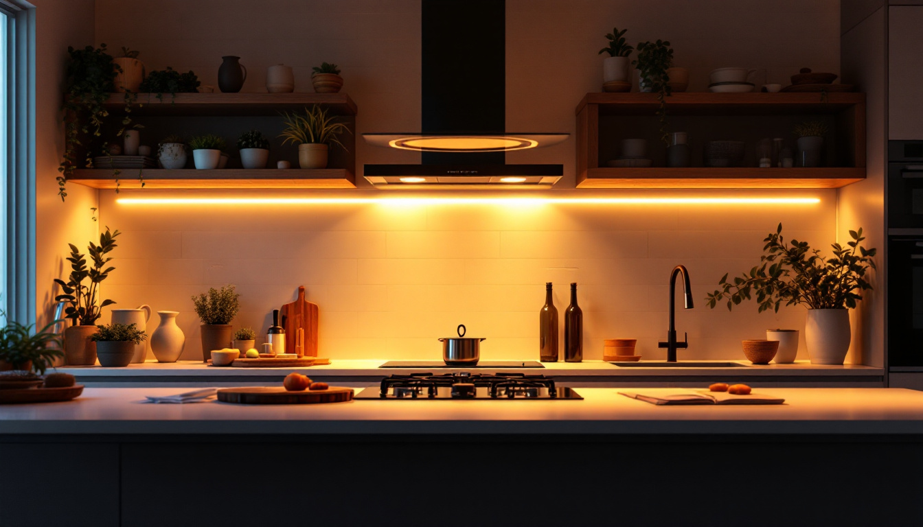 A photograph of a modern kitchen illuminated by stylish led lighting