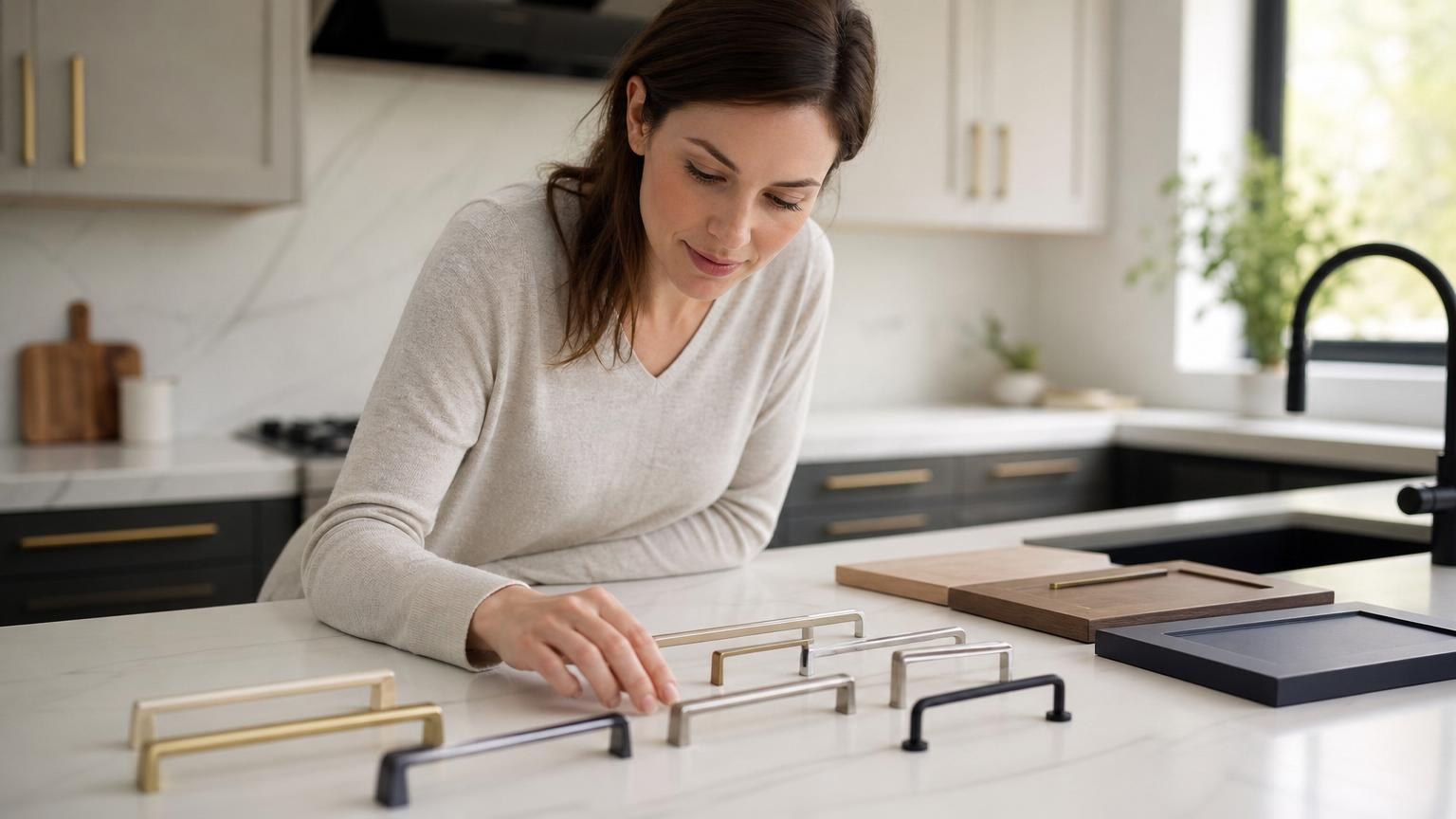 Woman in a modern kitchen comparing various metal cabinet handles in gold, silver, and black finishes on a white marble countertop. Woman in a modern kitchen comparing various metal cabinet handles in gold, silver, and black finishes on a white marble countertop.